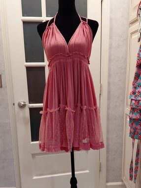 "Teeraphique" Sz. XS, Coral Pink Halter Mini Dress with Polka-Dot Mesh Tiers....